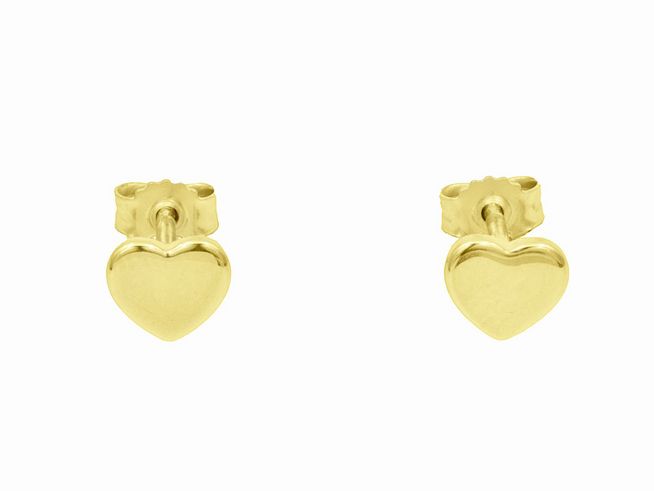 Ohrstecker in Herzform aus poliertem Sterling Silber, vergoldet in Gelbgold, ohne Stein, Hersteller Juwelier Harnisch, elegant und schlicht gestaltet.
