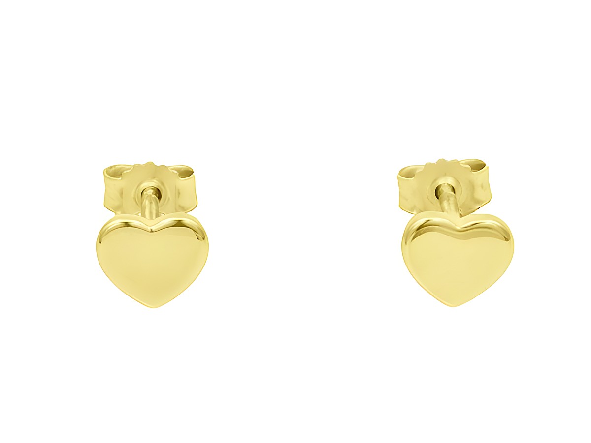 Ohrstecker in Herzform aus poliertem Sterling Silber, vergoldet in Gelbgold, ohne Stein, Hersteller Juwelier Harnisch, elegant und schlicht gestaltet.