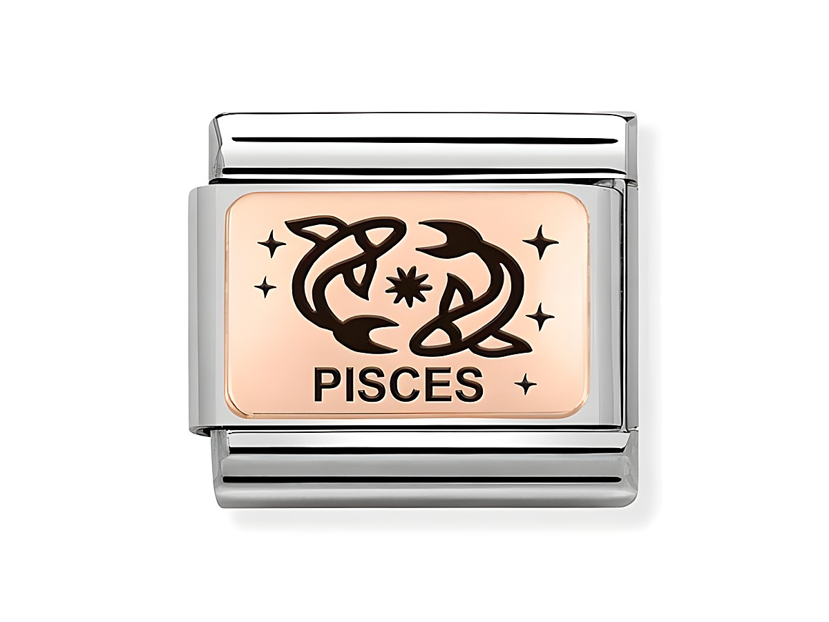 Eleganter Charm von Nomination aus Edelstahl und Roségold mit dem Sternzeichen Fische, verziert mit zwei Fischen und dem Schriftzug Pisces, ideal für persönliche Armbänder.