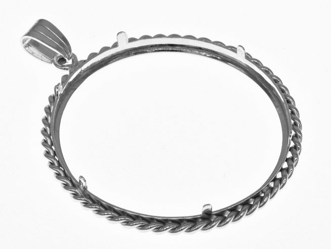 Münzfassung Anhänger aus 925 Sterling Silber, rhodiniert, für Münzen bis 39 mm Durchmesser, mit dekorativer Kordel und Platz für bis zu 4 cm große Münzen.