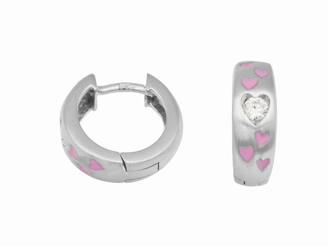 Creolen aus Sterling Silber mit rhodinierter Oberfläche, Durchmesser 1,3 cm, verziert mit rosa Herzen, ideal für Kinder, hergestellt von Juwelier Harnisch.