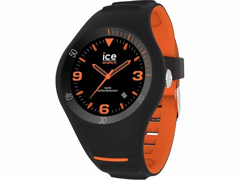 Beschreibung einer schwarzen Uhr mit orangefarbenen Akzenten, Hersteller Ice watch, Modell P. Leclercq - Black orange - Medium - 017598, wasserdicht und modern im Design.