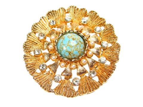 60406-0 Vergoldete Brosche -City- 42x42mm. Rund & königlich. Mit türkisem Look, umgeben von funkelnden Elementen. Hochwertige Verarbeitung von Juwelier Harnisch. Ideal für besondere Anlässe.