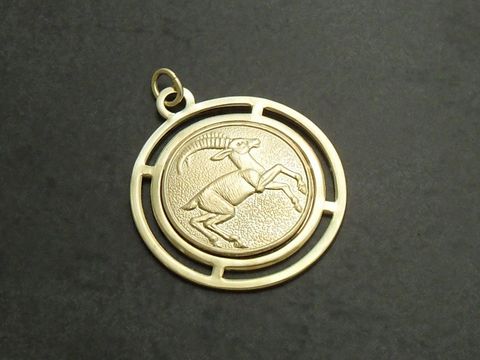 61425-0 Goldfarbene, runde 3D-Platte mit dem Sternzeichen Steinbock, gefertigt von Juwelier Harnisch, zeigt einen stilisierten Steinbock in einem fein gearbeiteten Design.