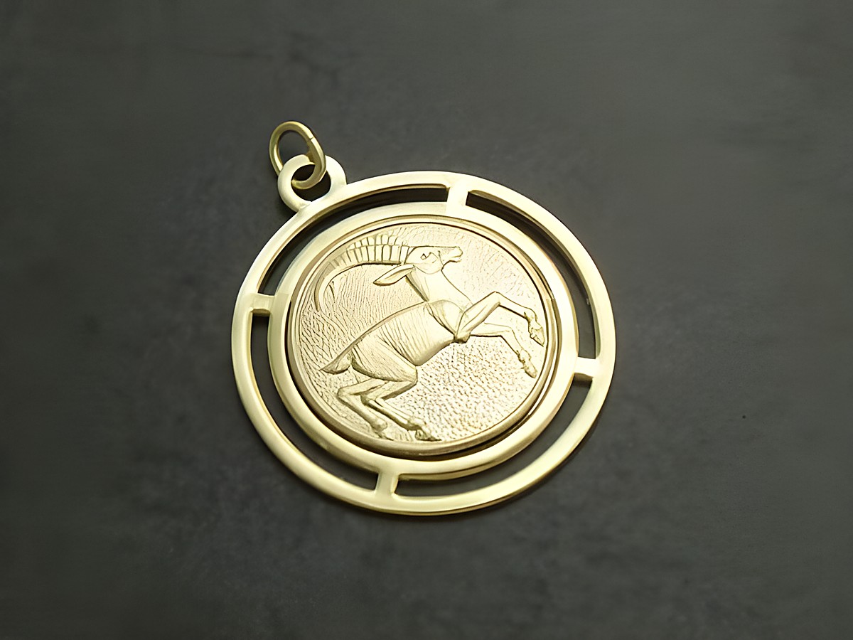 Goldfarbene, runde 3D-Platte mit dem Sternzeichen Steinbock, gefertigt von Juwelier Harnisch, zeigt einen stilisierten Steinbock in einem fein gearbeiteten Design.