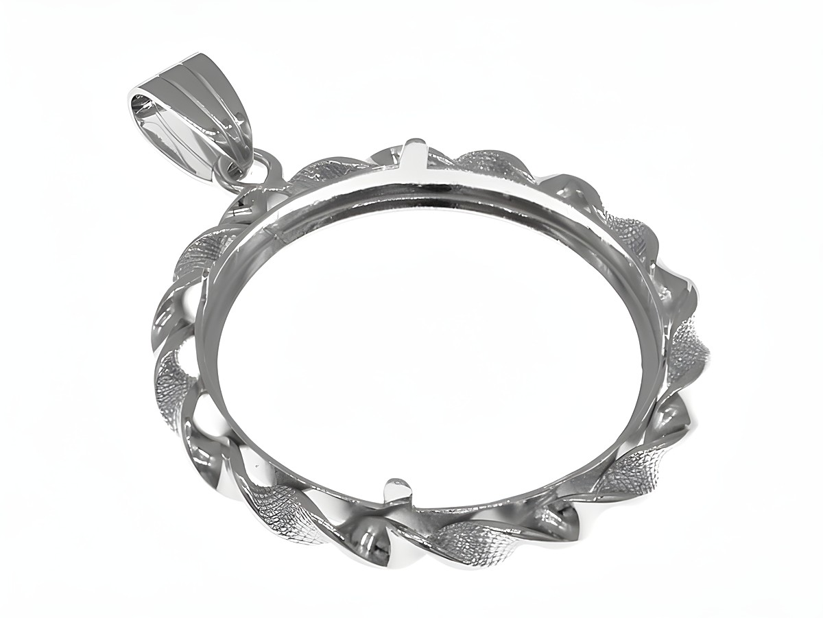 Münzfassung Anhänger aus rhodiniertem 925 Sterling Silber mit einem Durchmesser von 27 mm für Münzen bis 3,0 cm, gefertigt von Juwelier Harnisch, filigranes Design. – Ansicht 3
