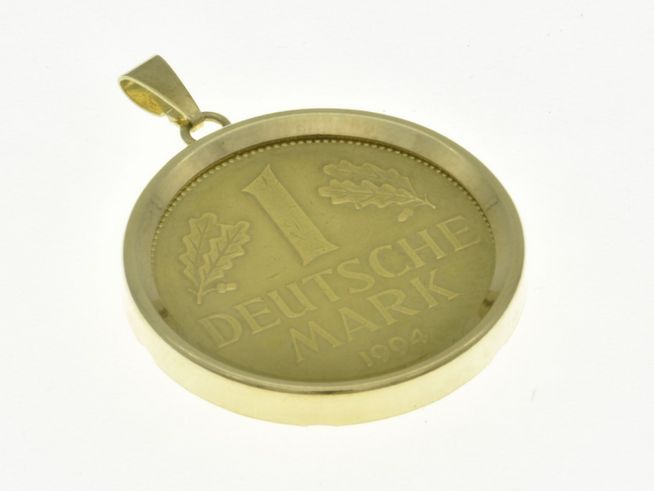 DM Münzfassung Anhänger schlicht 585 Gold mit der Prägung 1 Deutsche Mark 1994 und Eichenlaub-Design von Juwelier Harnisch, ideal als zeitloses Schmuckstück.