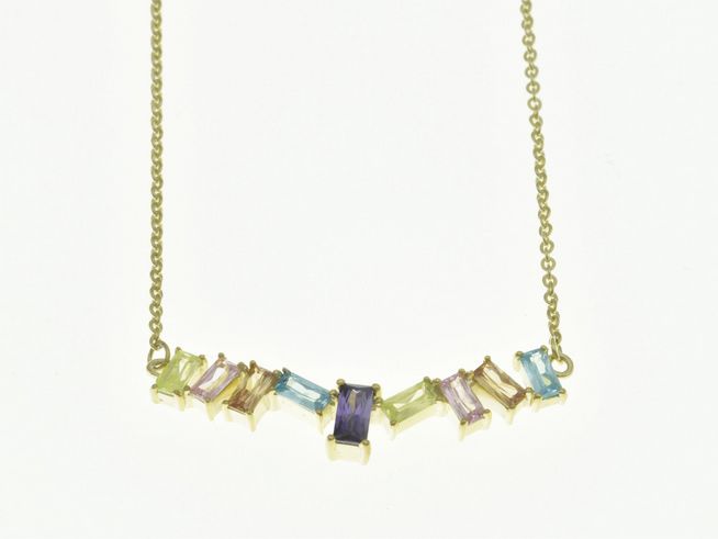 Steinmix Collier Kette 42-45 cm aus Sterling Silber mit gelbgold vergoldeter Oberfläche und Zirkonia, gefertigt von Juwelier Harnisch, präsentiert eine farbenfrohe Anordnung von Edelsteinen.