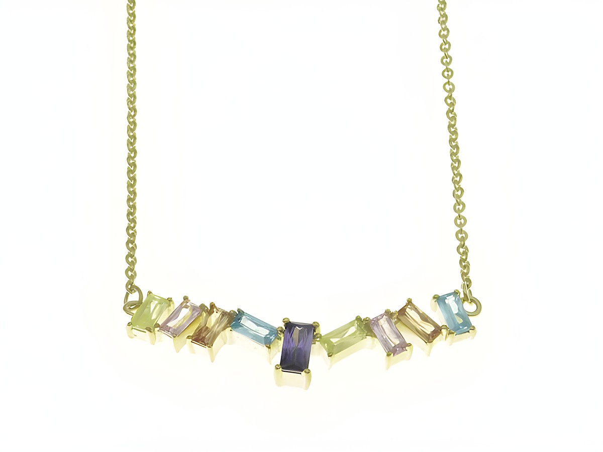 Steinmix Collier Kette 42-45 cm aus Sterling Silber mit gelbgold vergoldeter Oberfläche und Zirkonia, gefertigt von Juwelier Harnisch, präsentiert eine farbenfrohe Anordnung von Edelsteinen.