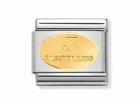 Classic Schutze Sternzeichen OVAL Gold von Nomination, glänzendes Design mit dem Zeichen des Schützen und der Gravur "SAGITTARIUS", gefertigt aus Gold und Edelstahl.
