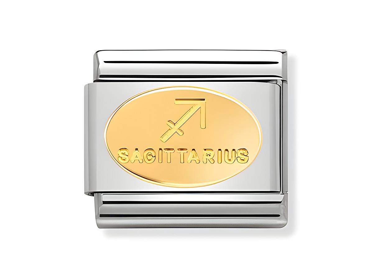 Classic Schutze Sternzeichen OVAL Gold von Nomination, glänzendes Design mit dem Zeichen des Schützen und der Gravur "SAGITTARIUS", gefertigt aus Gold und Edelstahl.