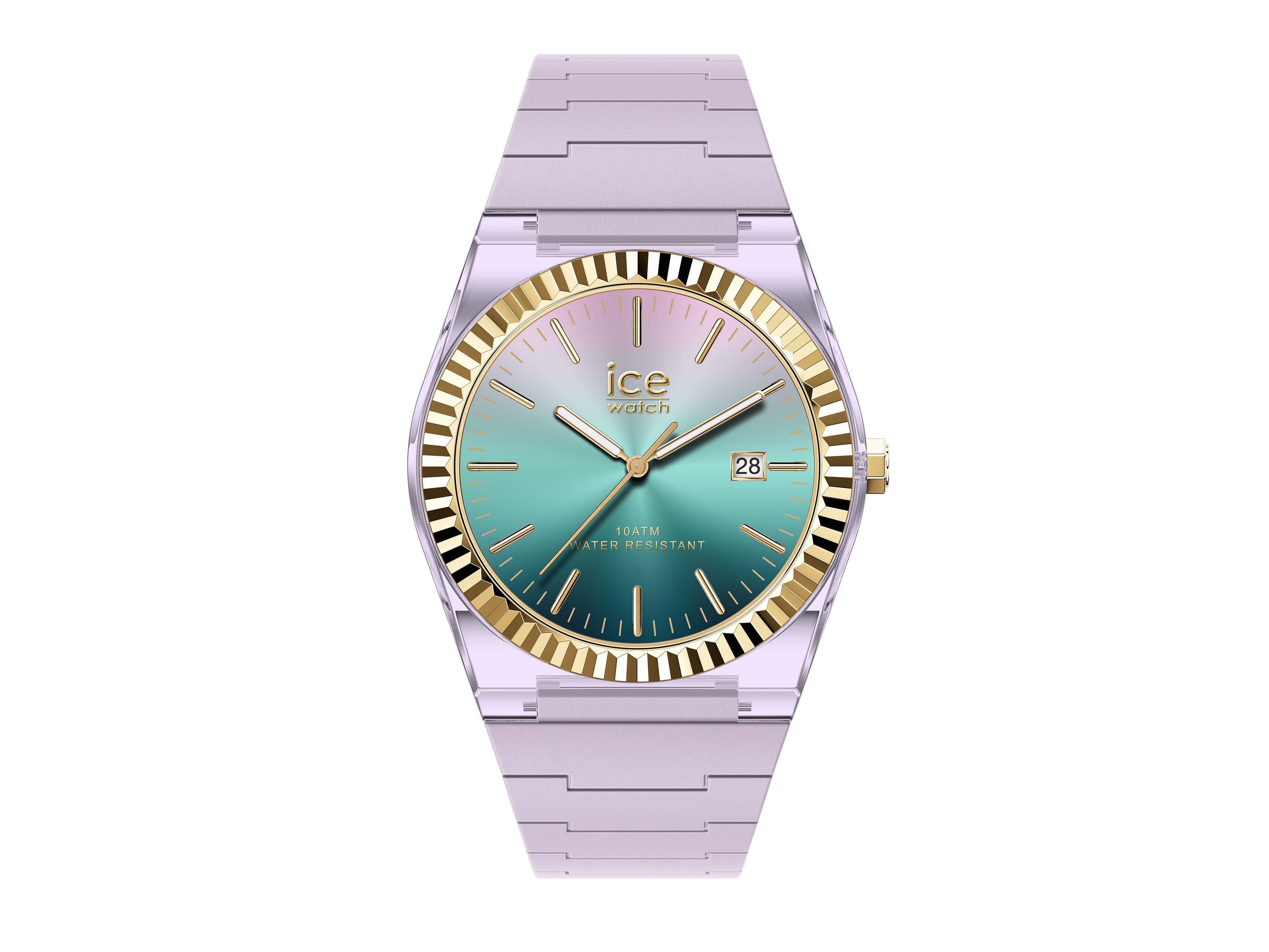 Ice Watch 024759 ICE Power in lila Sunset Lilac mit einem metallischen Armband und Zifferblatt in sanften Farbverläufen von Grün zu Blau. Mit goldenen Akzenten und Datumsanzeige. Neuheit.