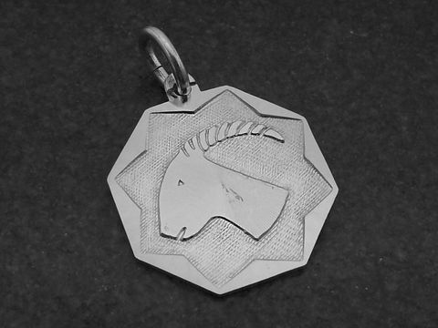 Silber Anhänger Platte Sternzeichen Steinbock von Juwelier Harnisch mit einem gravierten Steinbock-Kopf auf einer achteckigen Grundfläche.