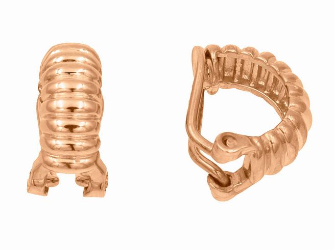 Ohrclips aus vergoldetem Roségold in Streifenoptik, poliert. Hochwertiges Sterling Silber, hergestellt von Juwelier Harnisch. Elegantes und modernes Design für jeden Anlass.