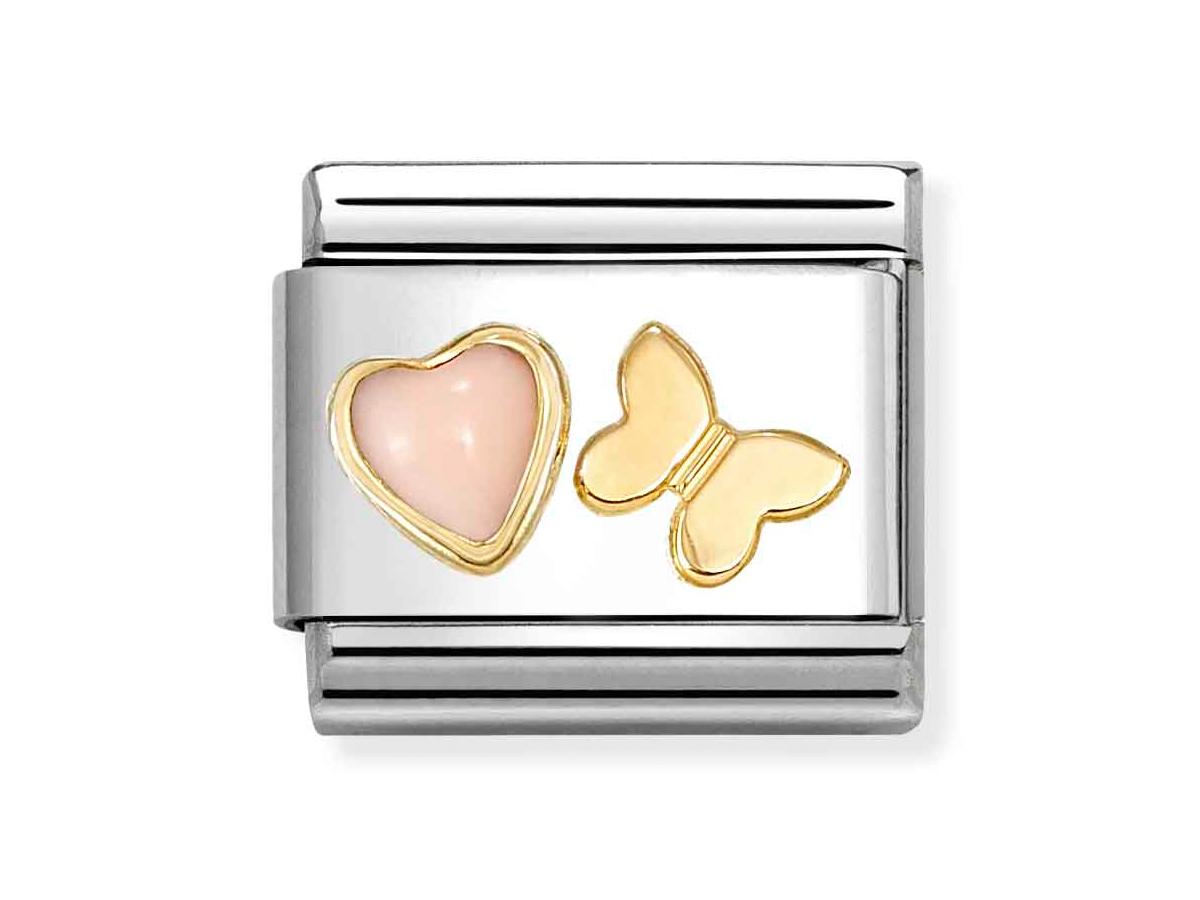 Nomination 030523 12 - CLASSIC Edelsteinherz in 750/- Gelbgold-Fassung - Schmetterling-Koralle - rosa