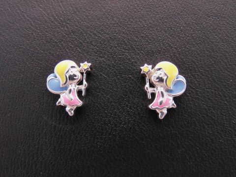 Silber Ohrstecker in Form von bezaubernden Feen mit gelb-rosaflieder-blauen Details, ideal für Kinder, Hersteller: Juwelier Harnisch.