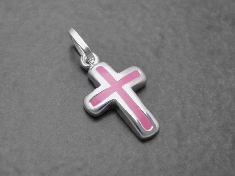 Kreuz poliert rosa aus Sterling Silber mit pinkem Lack, Hersteller Juwelier Harnisch, verziert mit einem Stein. Ideal als modisches Schmuckstück für jeden Anlass.