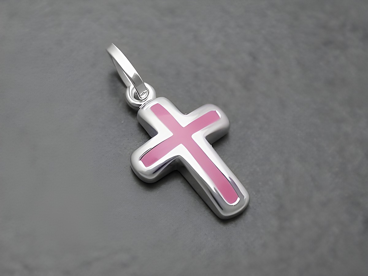 Kreuz poliert rosa aus Sterling Silber mit pinkem Lack, Hersteller Juwelier Harnisch, verziert mit einem Stein. Ideal als modisches Schmuckstück für jeden Anlass.