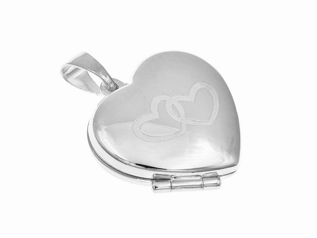 303401-0 Medaillon Anhänger Doppelherz aus Sterling Silber mit rhodinierter Oberfläche, gefertigt von Juwelier Harnisch, zeigt ein schlichtes, elegantes Herzdesign mit zwei ineinander verschlungenen Herzen.