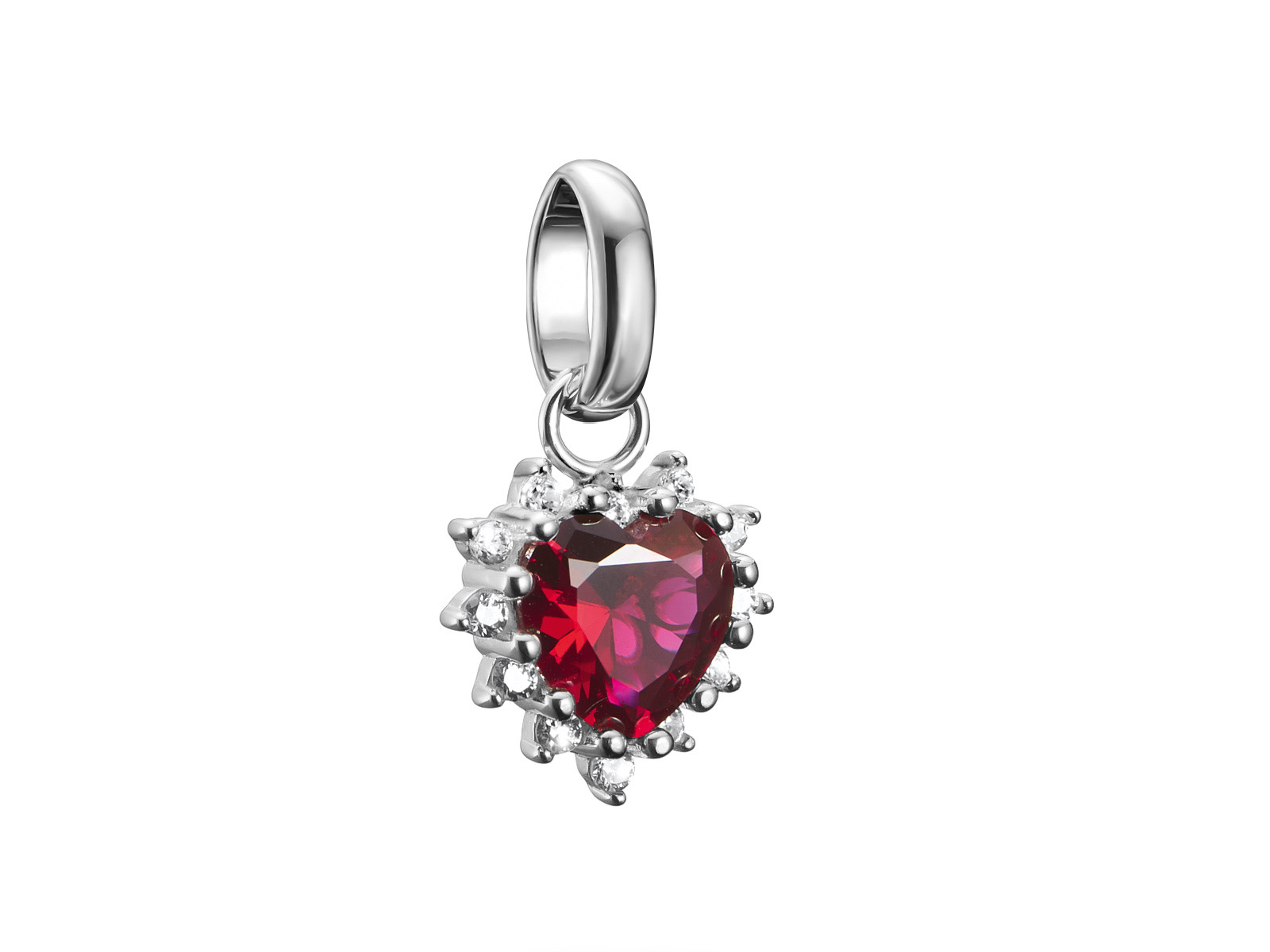 Charm in Herzform aus Silber mit einem rot glühenden, lab-grown Rubin in der Mitte, umgeben von funkelnden Zirkonia. Ideal für die Thomas Sabo Charm Club CONNECT Kollektion.