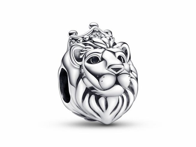 Sterling Silber Charm in Form eines königlichen Löwenkopfes mit Krone und detailliierter Fellstruktur, hergestellt von Pandora, perfekt für Tierliebhaber und Schmucksammler.