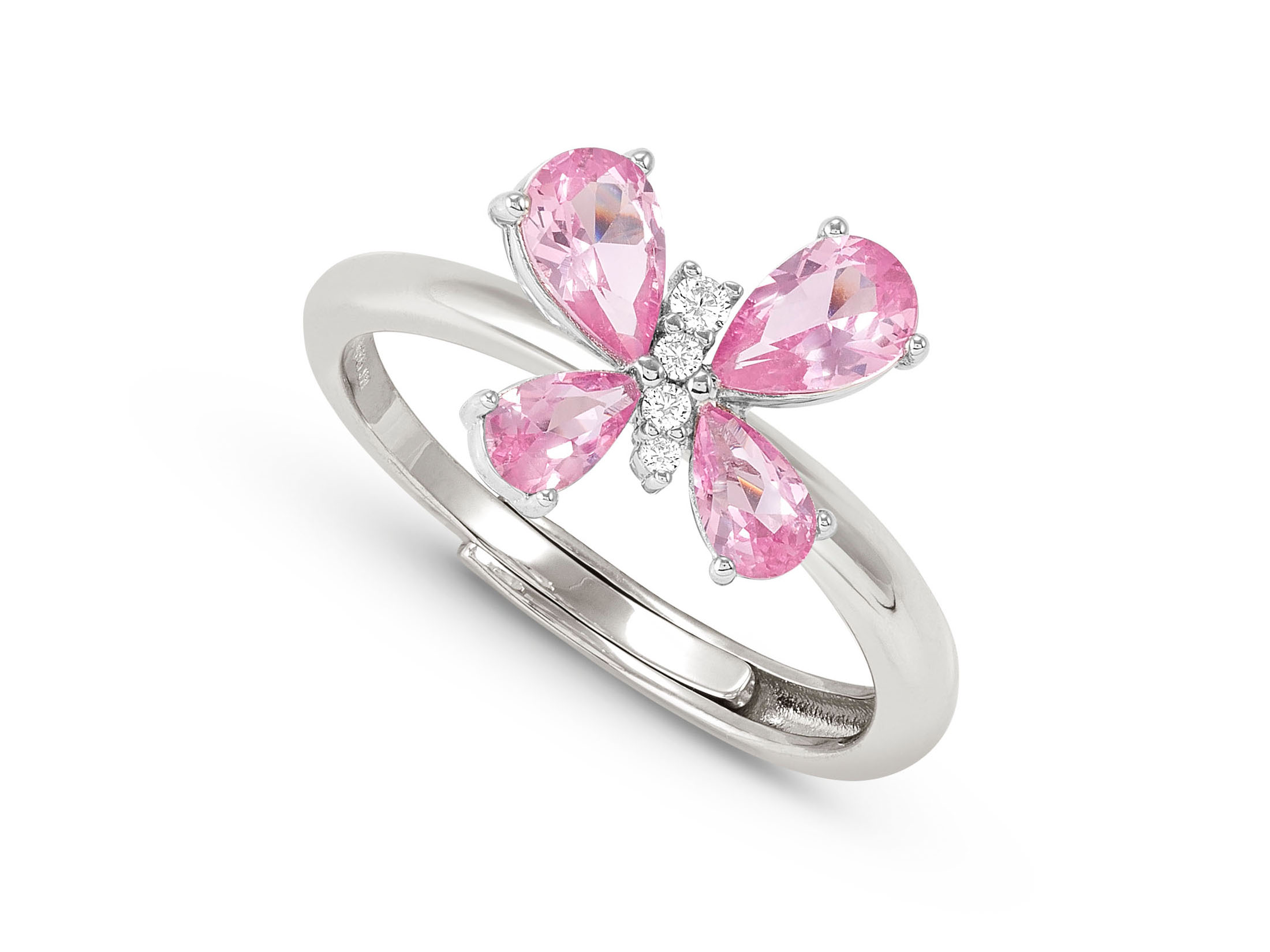 Ring aus Sterling Silber mit verstellbarem Design, verziert mit einem Schmetterling aus Zirkonia in den Farben Weiß und Hellblau, geeignet für Größen 51 bis 59.
