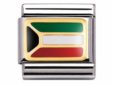 Bicolor Charm mit dem Wappen von Kuwait in den Farben grün, weiß, schwarz und rot auf einer Emaille-Oberfläche, hergestellt von Nomination, geeignet für Afrika-Fans.