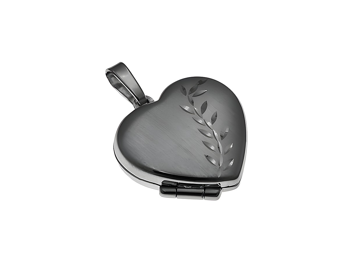 Herz Medaillon aus Sterling Silber, rhodiniert und mattiert, mit filigranem Blätterdesign, eignet sich ideal als Schmuckstück zum Aufbewahren von Erinnerungen.