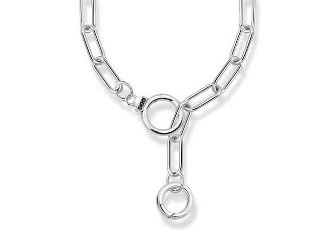 Halskette aus geschwärztem Silber mit ovalen Gliedern und Zirkonia, 55 cm lang, von Thomas Sabo, modernes Design ohne Anhänger.