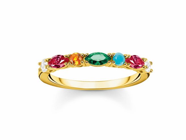 Thomas Sabo Ring TR2341-488-7-48 aus Sterling Silber, vergoldet in Gelbgold, mit bunten Glas-Keramik Steinen, synthetischem Korund und Zirkonia, Größe 48.
