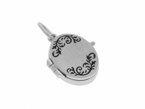 Silber Medaillon in ovaler Form mit filigranen Ranken, mattiert und lackiert, Hersteller Juwelier Harnisch. Ideal als eleganter Schmuckanhänger.