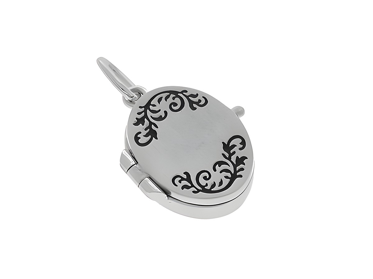 Silber Medaillon in ovaler Form mit filigranen Ranken, mattiert und lackiert, Hersteller Juwelier Harnisch. Ideal als eleganter Schmuckanhänger.