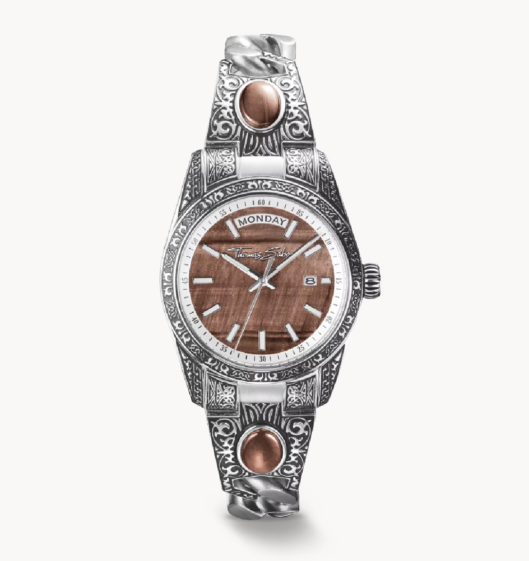 Thomas Sabo Uhr mit Western-Ornamenten aus Edelstahl, 36 mm Gehäuse, brauner Ziffernblatt mit Wochentagsanzeige und stilvollem Design, neu und elegant.