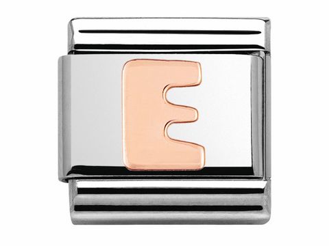 Classic E Roségold Buchstabe von Nomination mit einer stilisierten E-Prägung auf einem glänzenden Silberband, ideal für individuelle Armbänder und persönliche Geschenke.