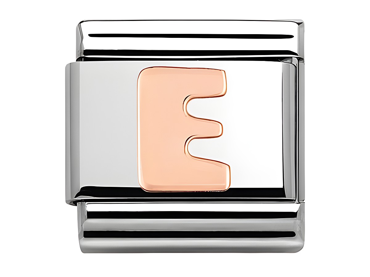 Classic E Roségold Buchstabe von Nomination mit einer stilisierten E-Prägung auf einem glänzenden Silberband, ideal für individuelle Armbänder und persönliche Geschenke.