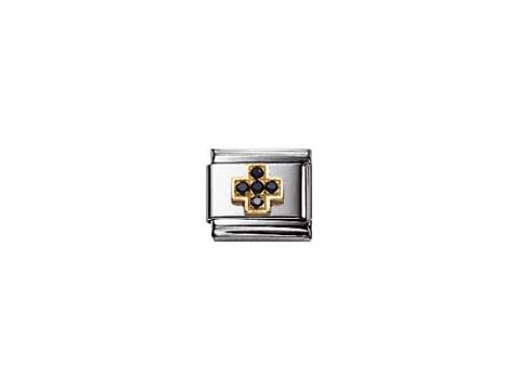Das Bild zeigt das Zirkonia Kreuz in Schwarz von Nomination, Modell Classic, bestehend aus einem silbernen Element mit goldfarbener Umrandung und schwarzen Zirkonia-Steinen.