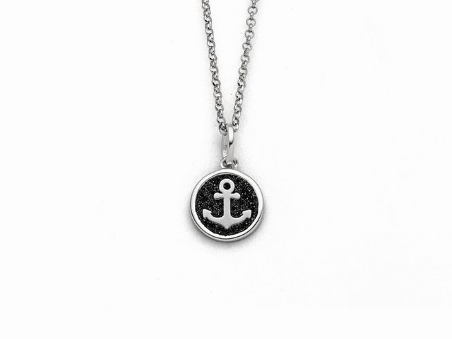 Sterling Silber Kette mit Anhänger in Form eines Ankers auf schwarzem Lavasand, 42 cm lang, Hersteller DUR, Modell K2677, klassisches und modernes Design.