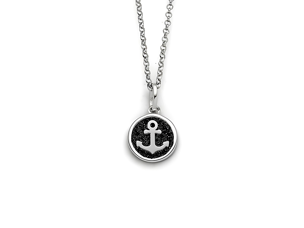Sterling Silber Kette mit Anhänger in Form eines Ankers auf schwarzem Lavasand, 42 cm lang, Hersteller DUR, Modell K2677, klassisches und modernes Design.