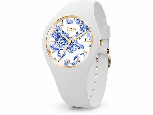 ICE WATCH ICE blue - White porcelain 019226 - Small zeigt eine elegante Uhr mit einem weißen Silikonarmband und einem bunten Ziffernblatt in Blau mit floralem Muster und goldenen Akzenten.
