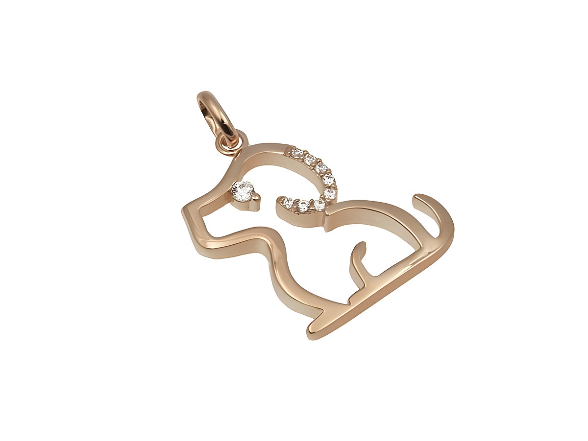 Ein eleganter Anhänger in Form eines Hundes aus 925 Sterling Silber, poliert und roségold vergoldet, verziert mit Zirkonia-Steinen, ideal für Tierliebhaber.