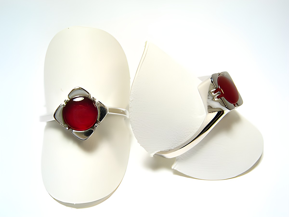 Silber Ring rhodiniert mit einem rot braunen Karneol im 70er Look, hergestellt von Juwelier Harnisch, verstellbare Ringe auf weißen Ringhaltern.