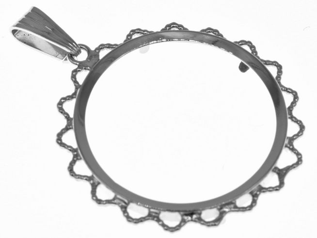 Ein runder Anhänger aus rhodiniertem Echt-Silber mit einer dekorativen Blütenkordel, geeignet für Münzen mit einem Durchmesser von bis zu 3,0 cm.