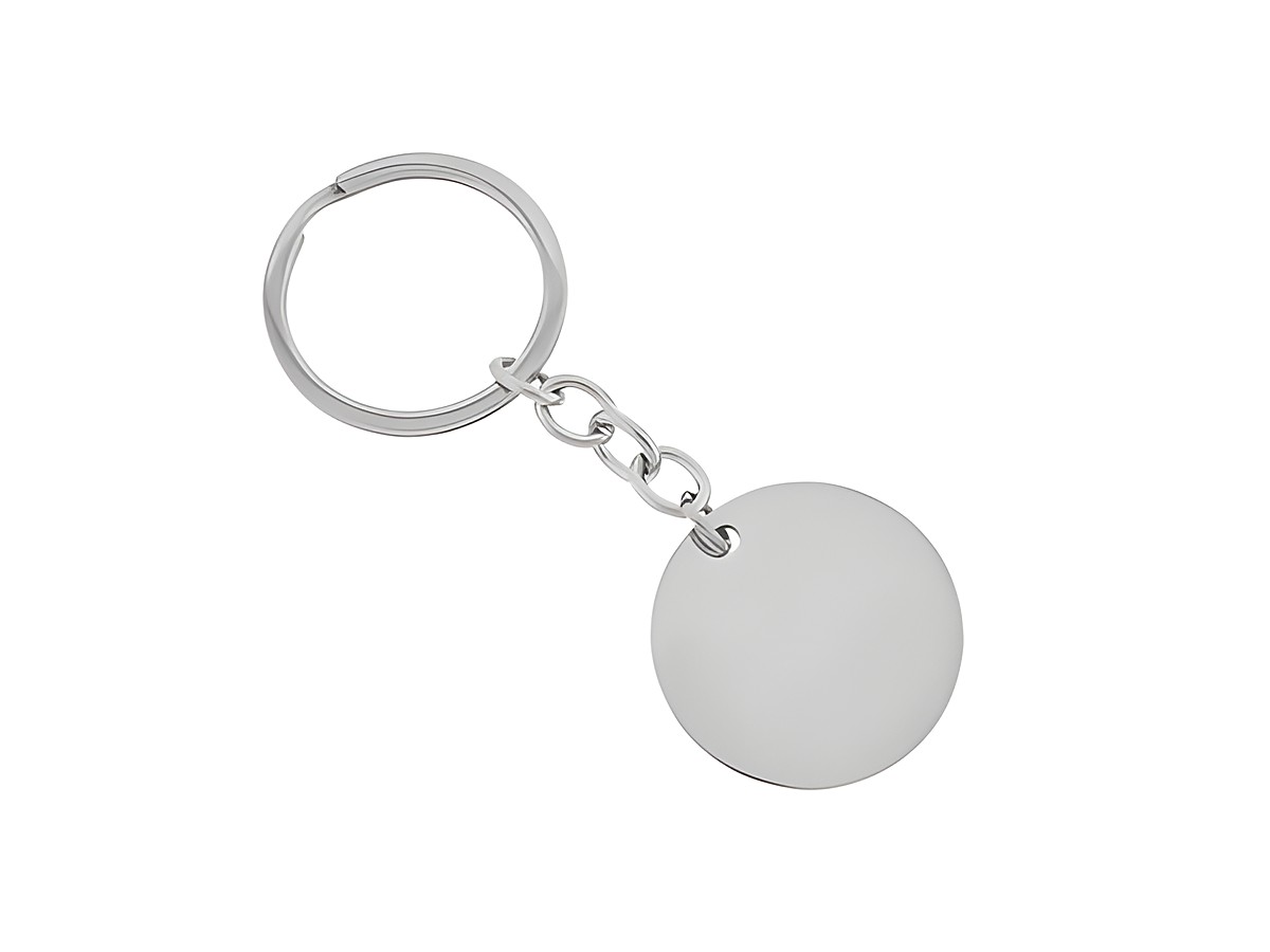 Schlüsselanhänger aus Edelstahl mit einer runden Gravurplatte von 9 cm, ideal für individuelle Gravuren, hergestellt von Juwelier Harnisch.