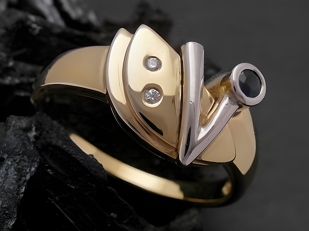 Gold Ring - Gold 585 bicolor - Safir + Brillant - Goldring - Gr. 54, Hersteller: Juwelier Harnisch, bis Gr. 54/17,5, ansprechendes Design mit zweifarbiger Goldoberfläche und funkelnden Steinen.