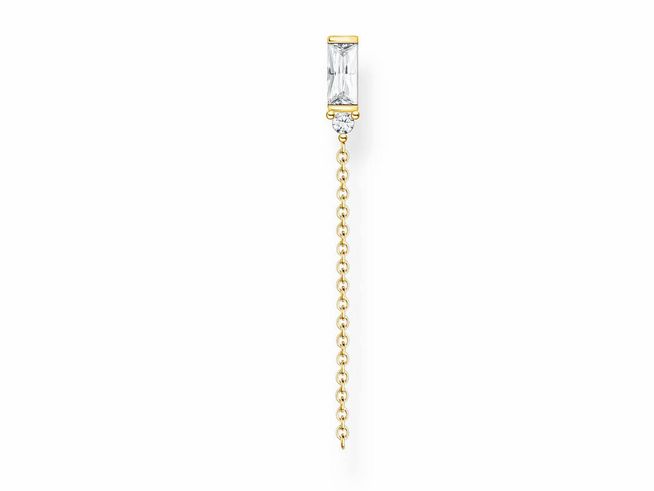 Ohrring aus Sterling Silber, vergoldet in Gelbgold mit klarem Zirkonia, längliches Design mit einem hängenden Kettchen, von Thomas Sabo, Modell H2183-414-14.
