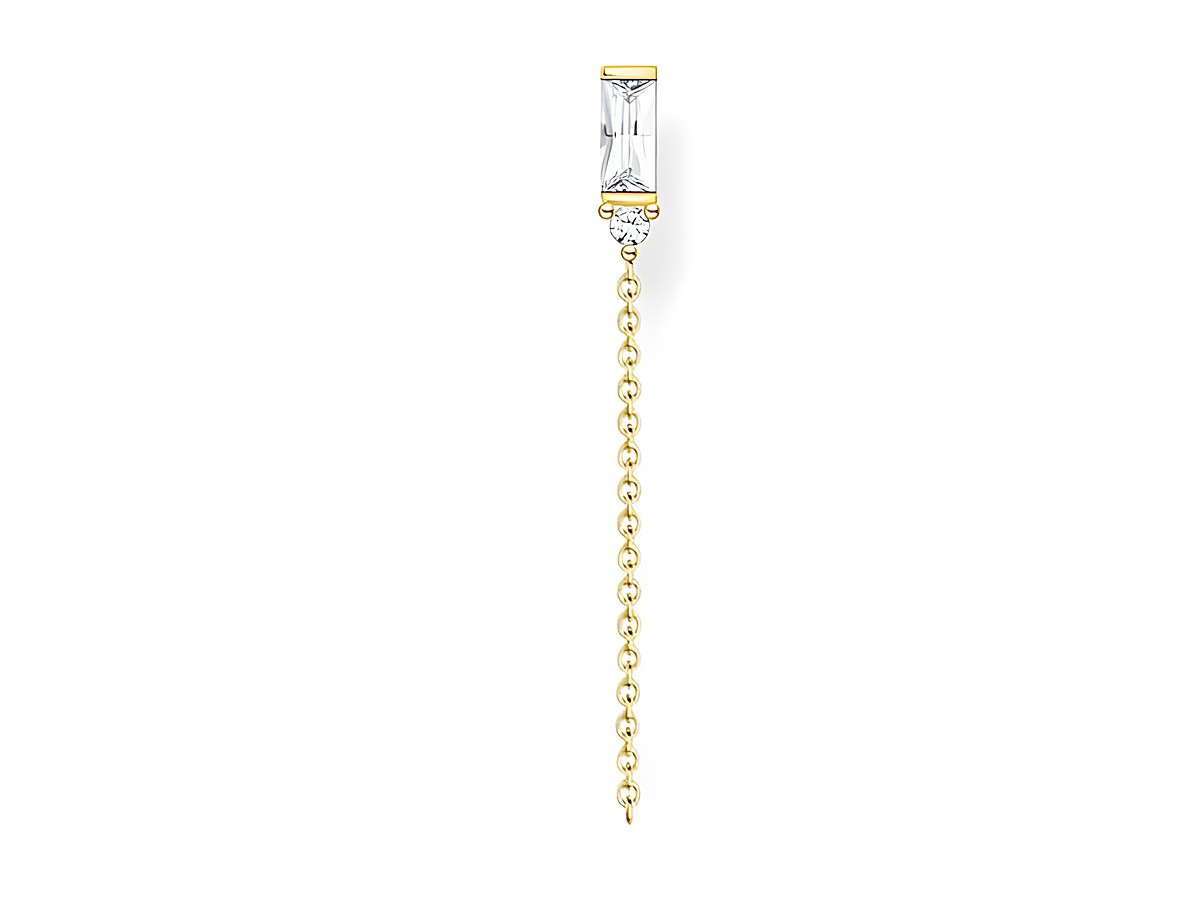 Ohrring aus Sterling Silber, vergoldet in Gelbgold mit klarem Zirkonia, längliches Design mit einem hängenden Kettchen, von Thomas Sabo, Modell H2183-414-14.