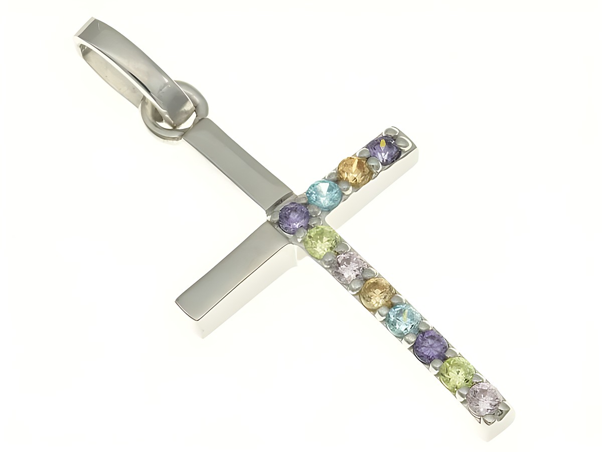 Kreuz Anhänger aus rhodiniertem Sterling Silber mit Zirkonia und Blautopas, kunstvoll gestaltet, ideal als Schmuckstück für besondere Anlässe oder als Geschenk.