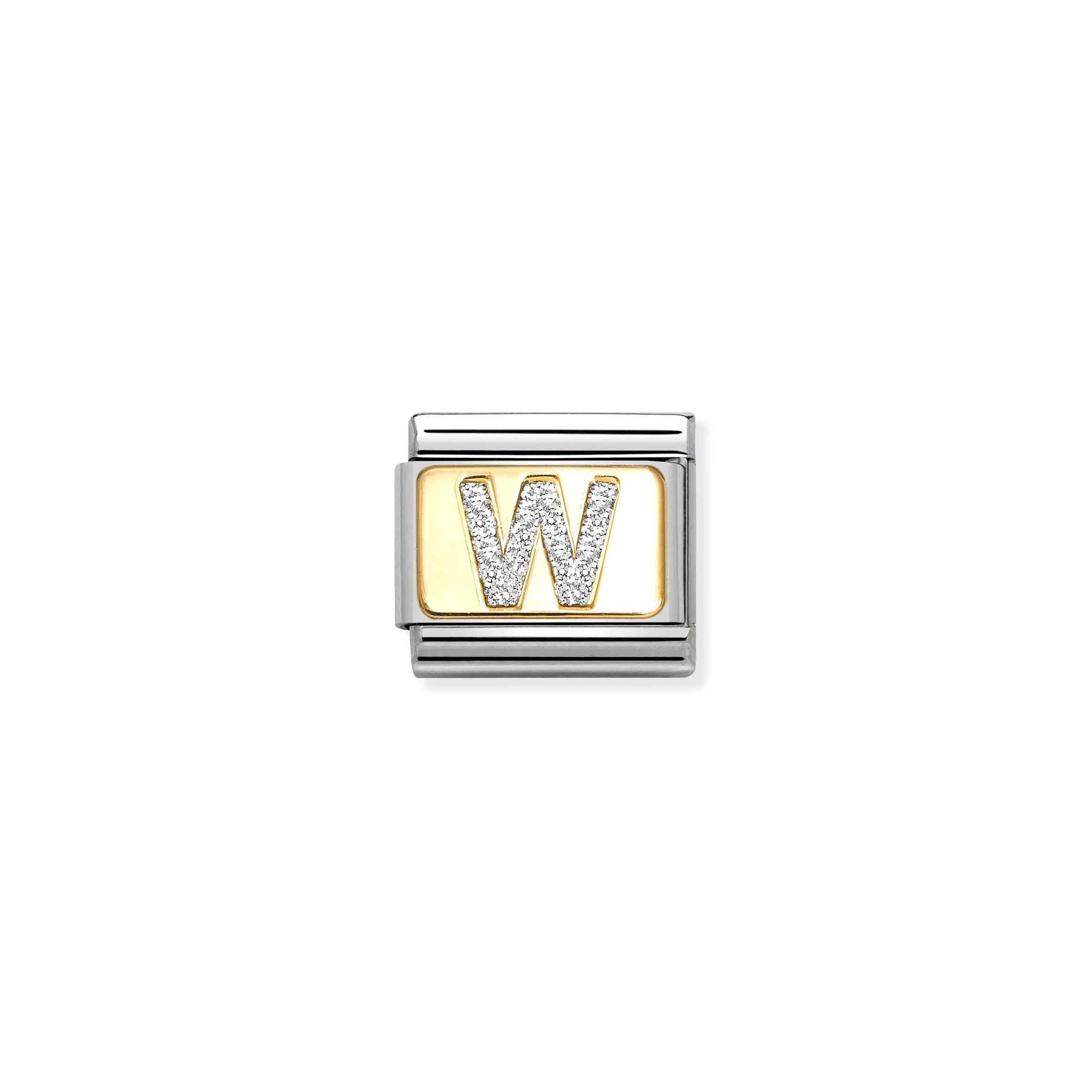 Nomination Composable Classic Charm Buchstabe W Silberglitzer - Edelstahl, Gold 750, Emaille