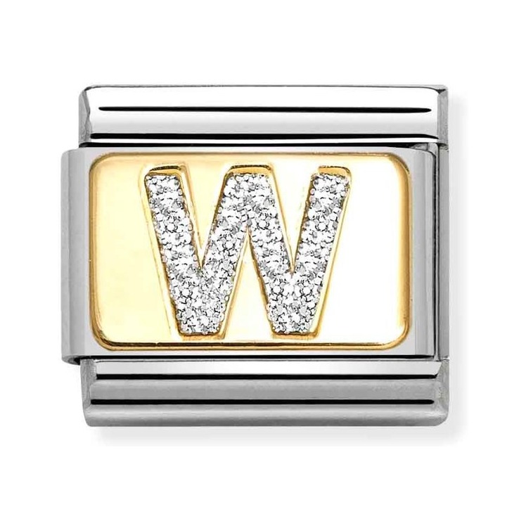Nomination Composable Classic Charm Buchstabe W Silberglitzer - Edelstahl, Gold 750, Emaille