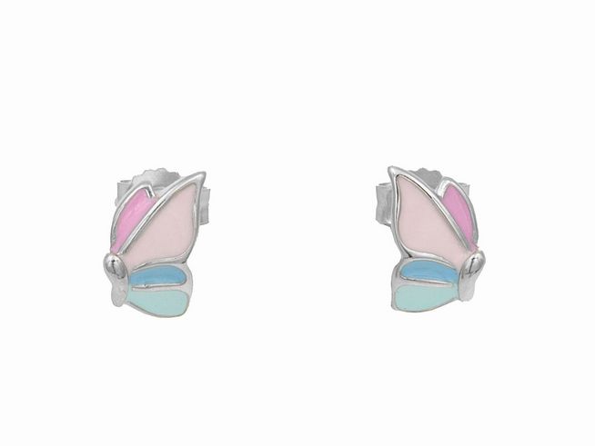 Ohrstecker in Form von Schmetterlingen aus rhodiniertem Sterling Silber, poliert mit buntem Lack in zarten Pastellfarben, geeignet für Kinder, Hersteller Juwelier Harnisch.